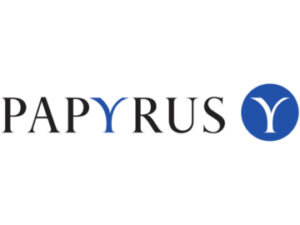 EDV-Leeb Partner. Papyrus Logo. Papyrus ausgeschrieben, wobei das Y blau ist. Am ende nochmal ein grosses Y in weiss auf einen Blauen und kreisförmigen Hintergrund